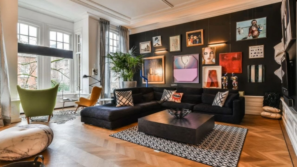 modern black accent wall living room